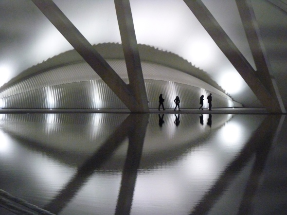 Oeil formé par l'architecture du palais des sciences et le reflet dans l'eau, Valence